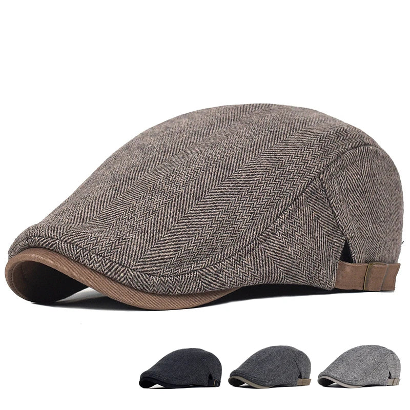 Winter Woolly Newsboy Cap, Herringbone Stripe Gatsby Flat Hat