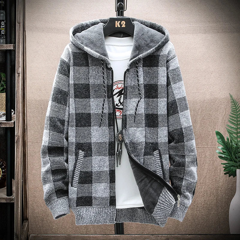 Men's New Plaid Open Hoodie Cardigan