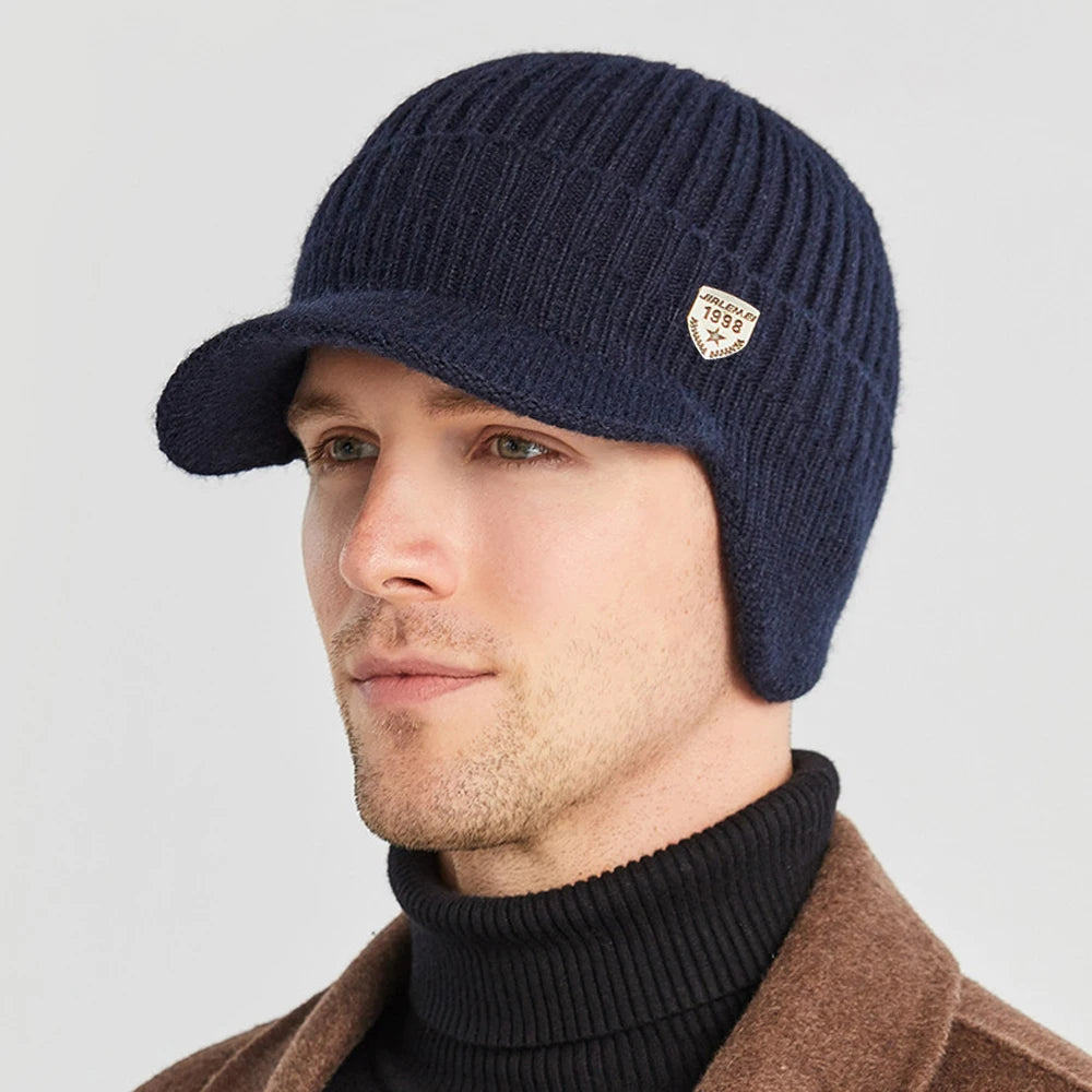 Winter Knitted Hat with Ear Protection, Warm Outdoor Peaked Cap