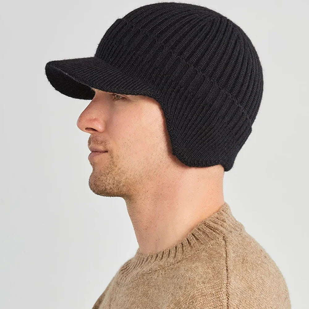 Winter Knitted Hat with Ear Protection, Warm Outdoor Peaked Cap