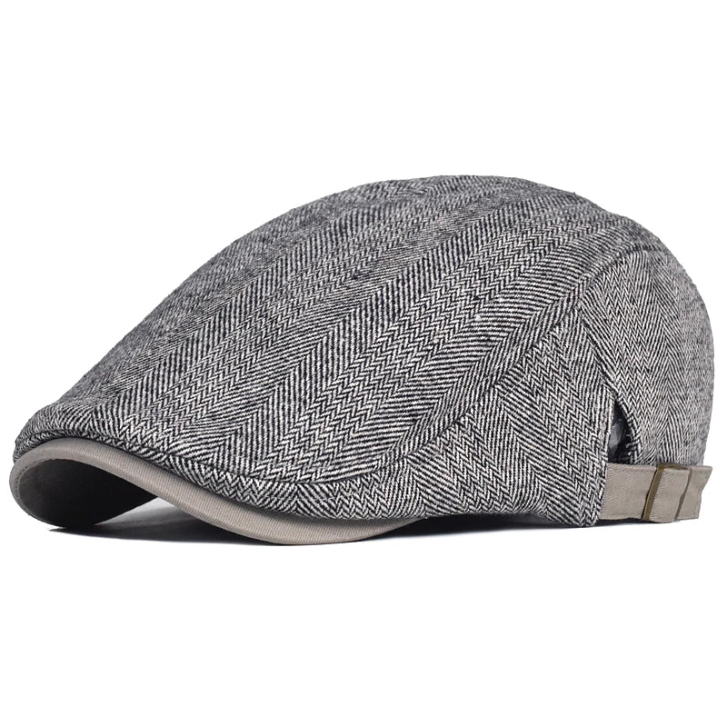 Winter Woolly Newsboy Cap, Herringbone Stripe Gatsby Flat Hat