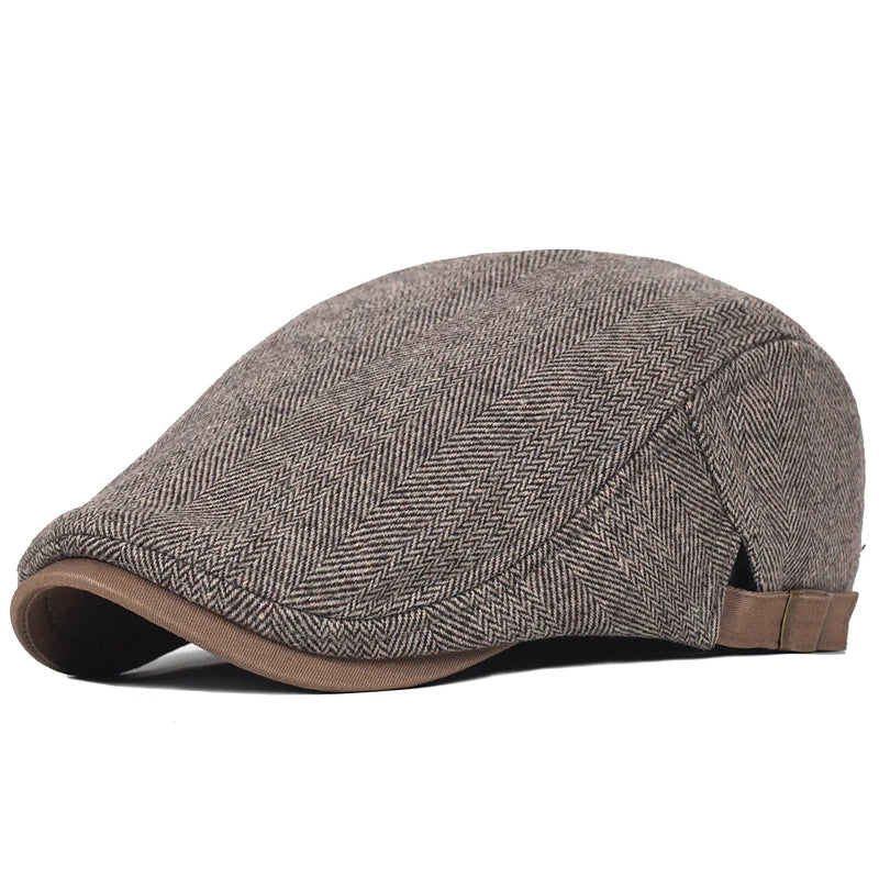 Winter Woolly Newsboy Cap, Herringbone Stripe Gatsby Flat Hat