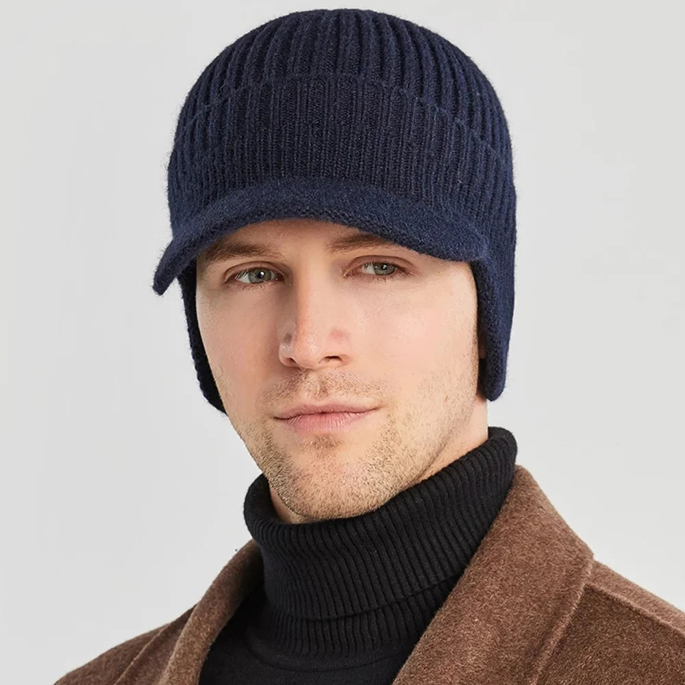 Winter Knitted Hat with Ear Protection, Warm Outdoor Peaked Cap