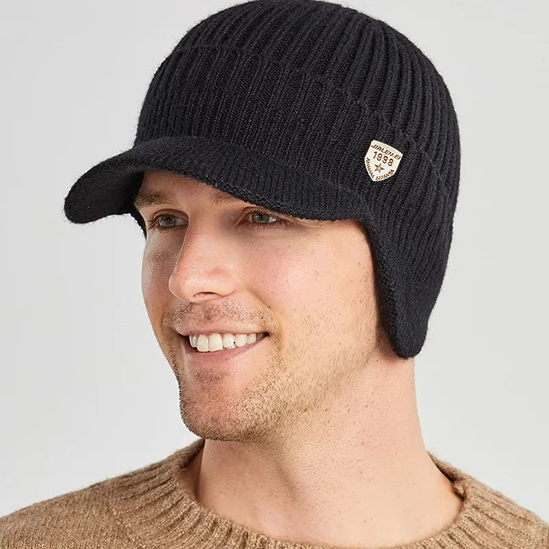 Winter Knitted Hat with Ear Protection, Warm Outdoor Peaked Cap