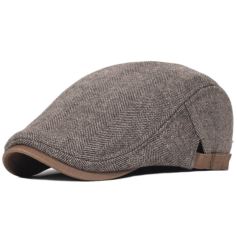 Winter Woolly Newsboy Cap, Herringbone Stripe Gatsby Flat Hat