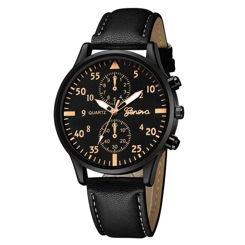 Watch Set – Quartz, Brown Leather Bracelet, Casual Style