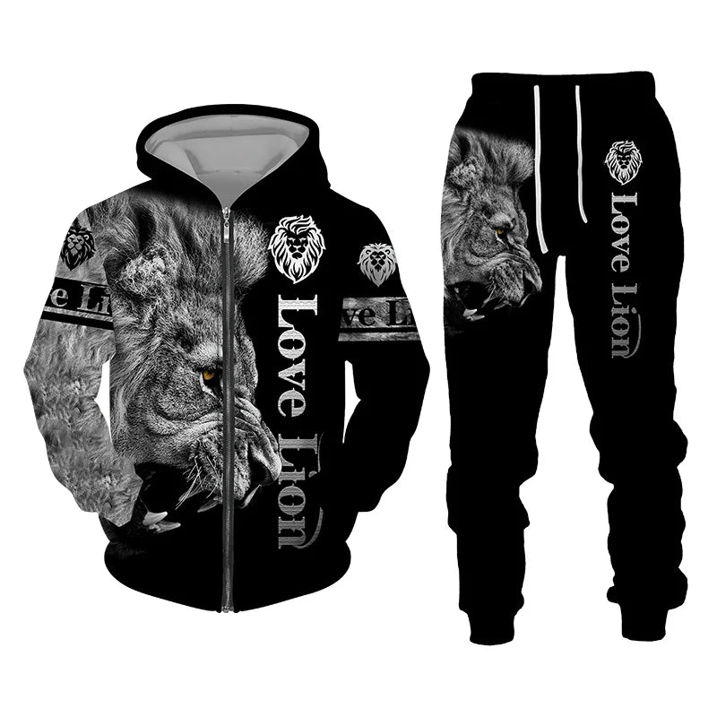 The Lion Print Zipper Hoodie Set