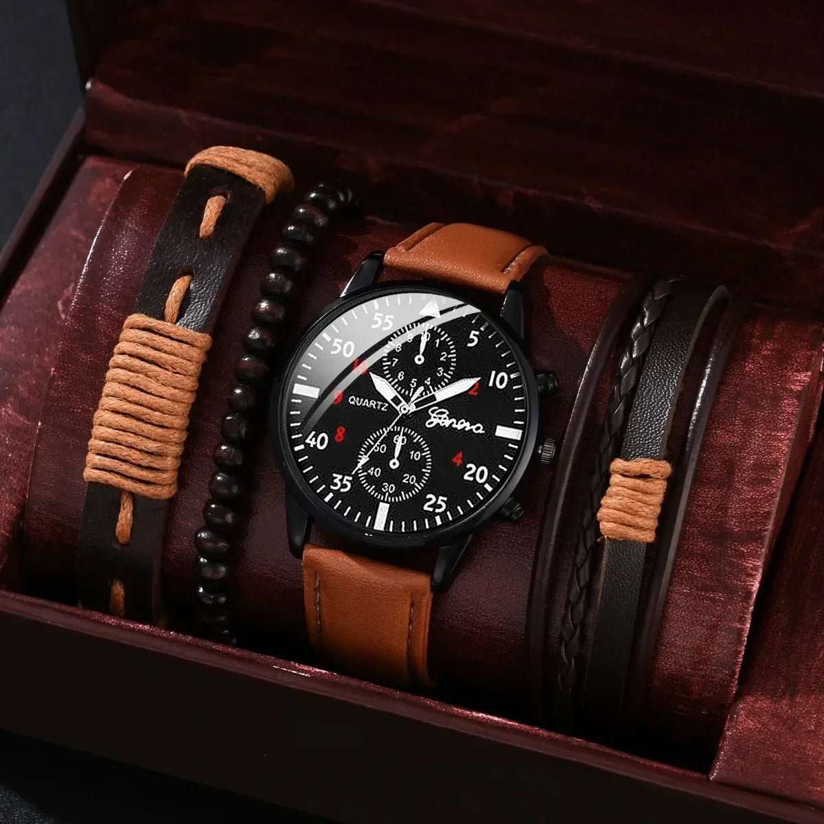 Watch Set – Quartz, Brown Leather Bracelet, Casual Style