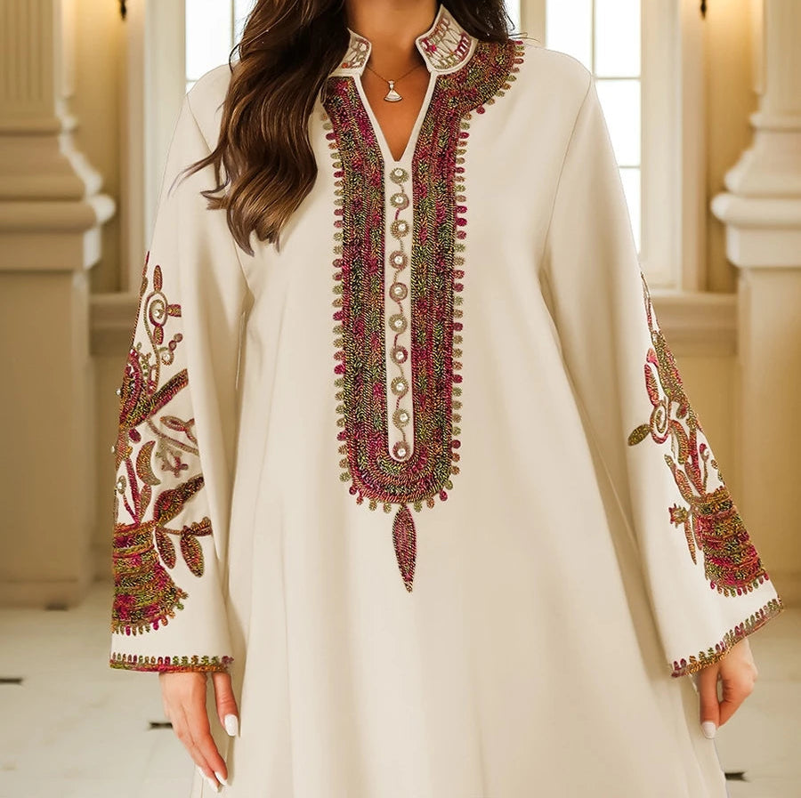 Womens Embroidered V-Neck Long Dress