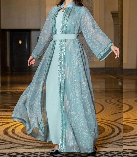 Long Sleeve Kuwaiti Party Gown With Belt