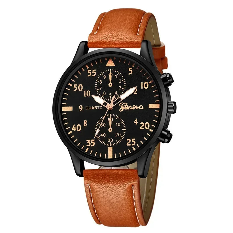 Watch Set – Quartz, Brown Leather Bracelet, Casual Style