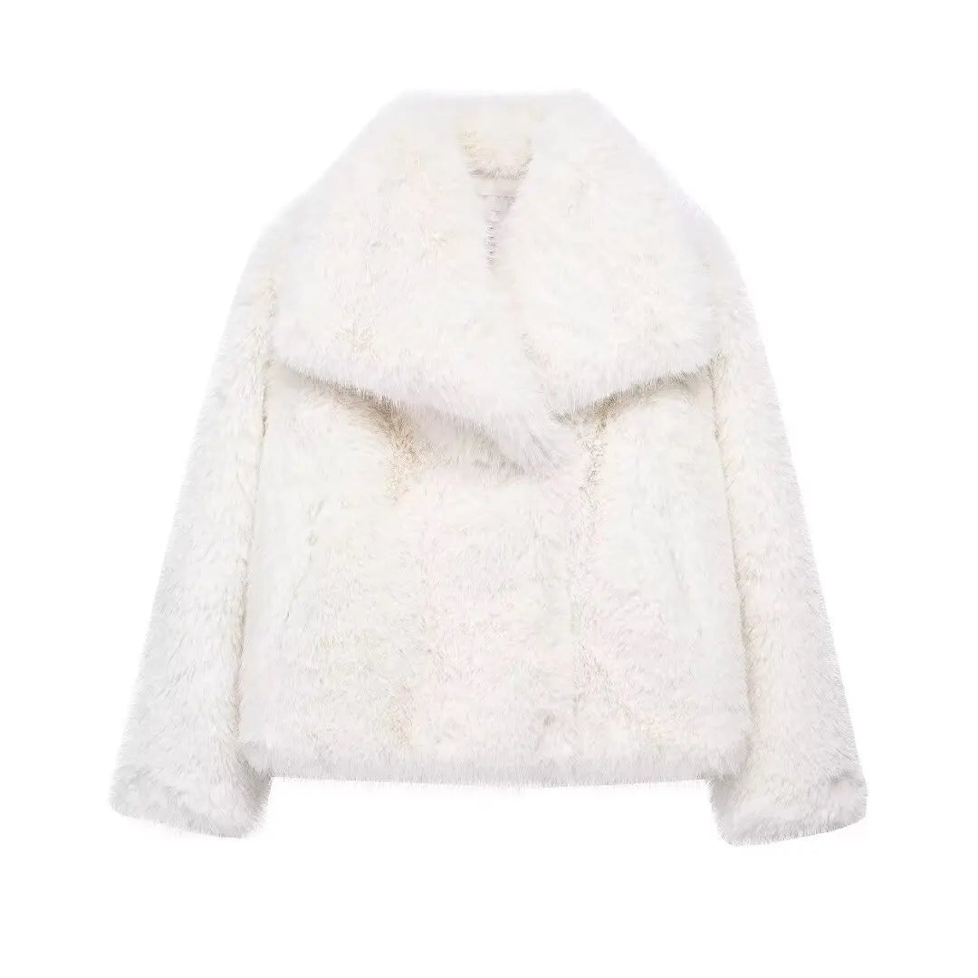 Women’s Cropped Faux Fur Jacket with Lapel Collar