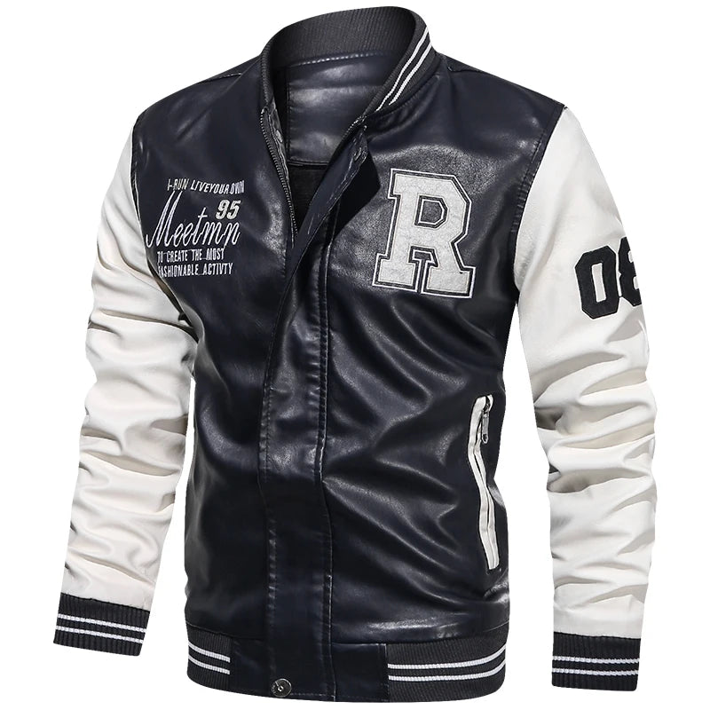 Leather Motorcycle Jacket with Baseball Collar