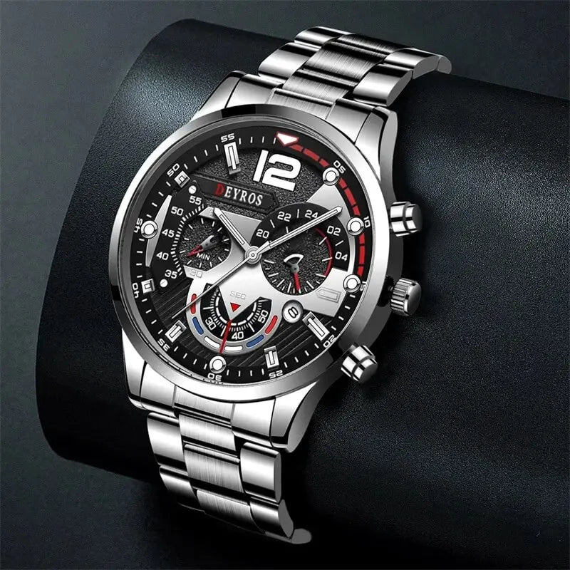 2 Piece Luxury Mens Silver Quartz Watch with Stainless Steel Bracelet