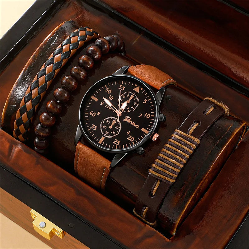 Watch Set – Quartz, Brown Leather Bracelet, Casual Style