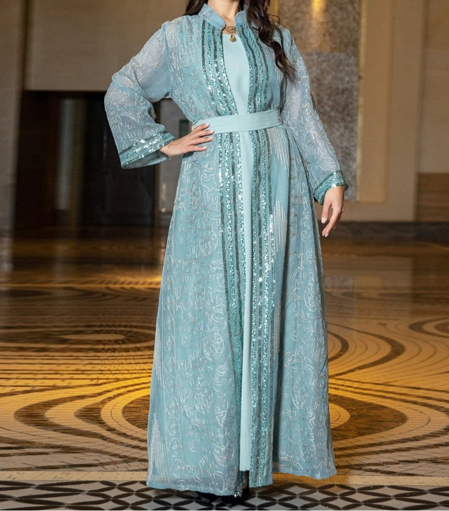 Long Sleeve Kuwaiti Party Gown With Belt