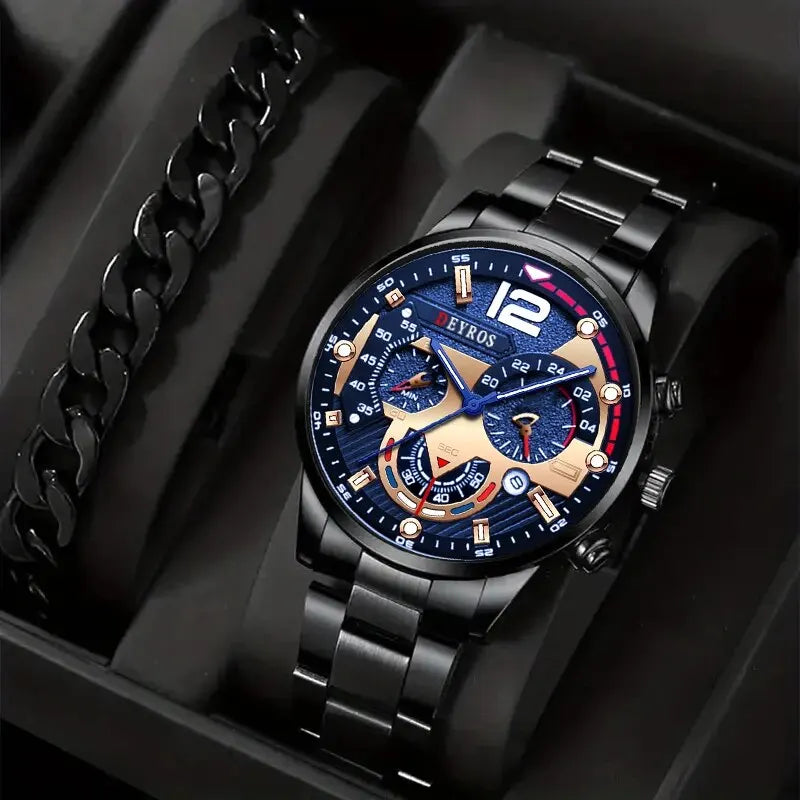 2 Piece Luxury Mens Silver Quartz Watch with Stainless Steel Bracelet