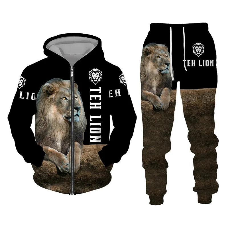 The Lion Print Zipper Hoodie Set