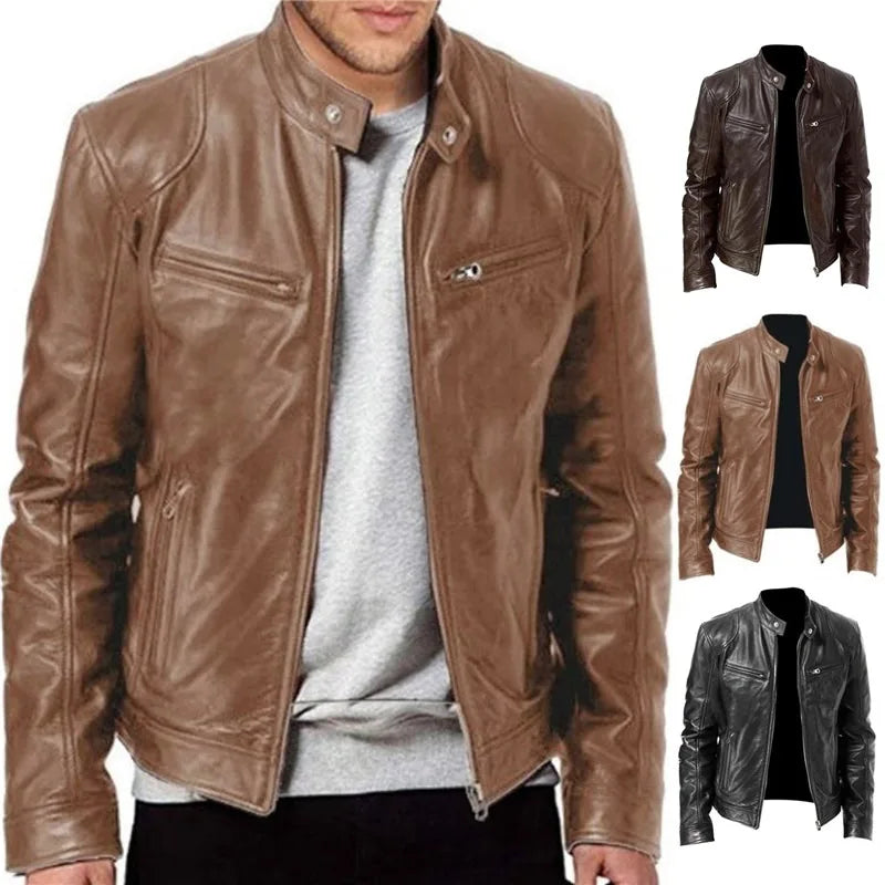 Mens Vintage Stand Up Collar Leather Jacket