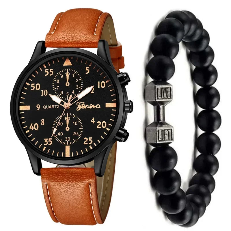 Watch Set – Quartz, Brown Leather Bracelet, Casual Style