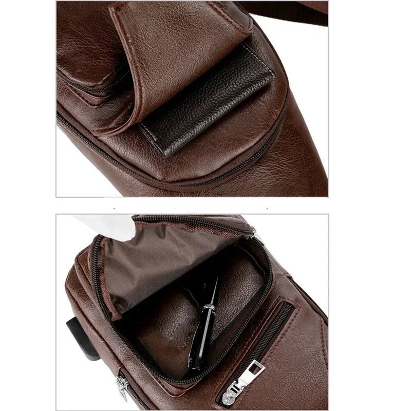 Men's Leather USB Cross-body Chest Bag - Designer Shoulder Bag for Travel