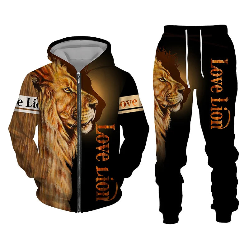 The Lion Print Zipper Hoodie Set