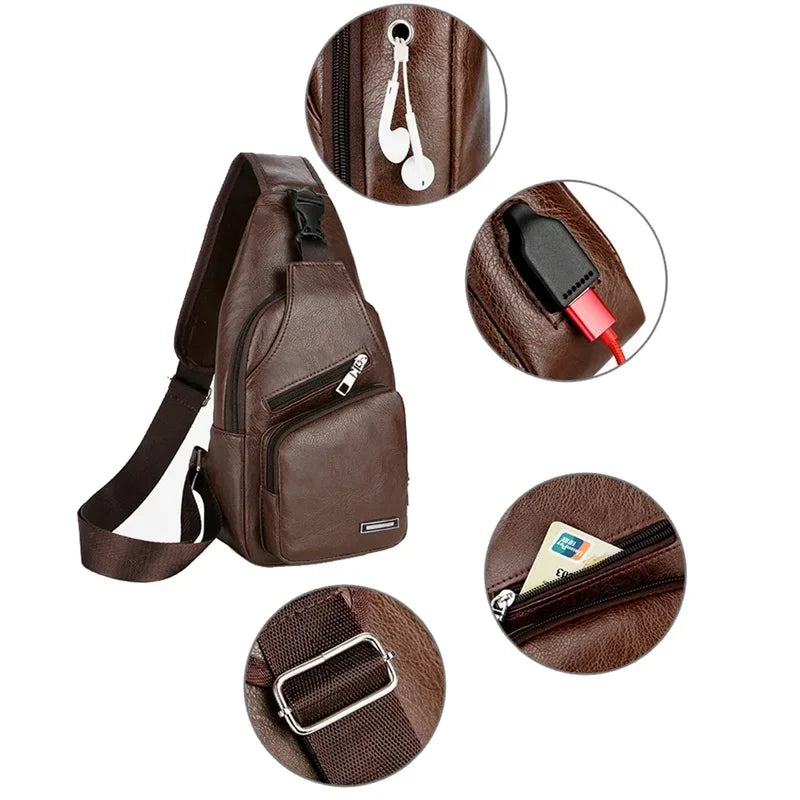 Men's Leather USB Cross-body Chest Bag - Designer Shoulder Bag for Travel