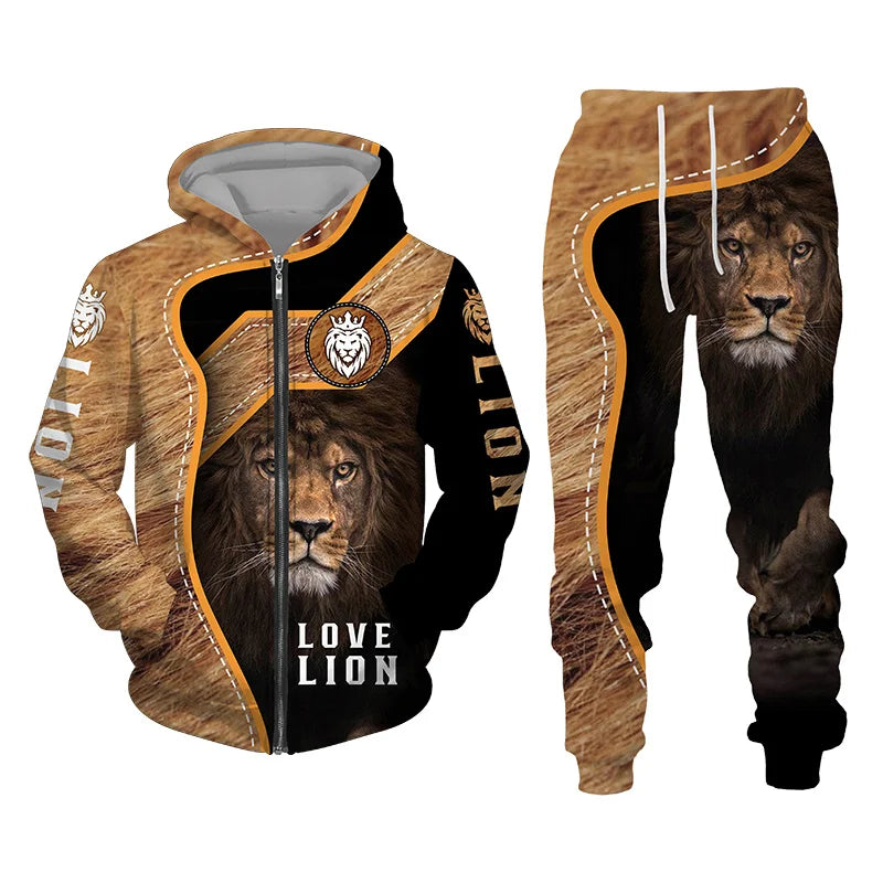 The Lion Print Zipper Hoodie Set