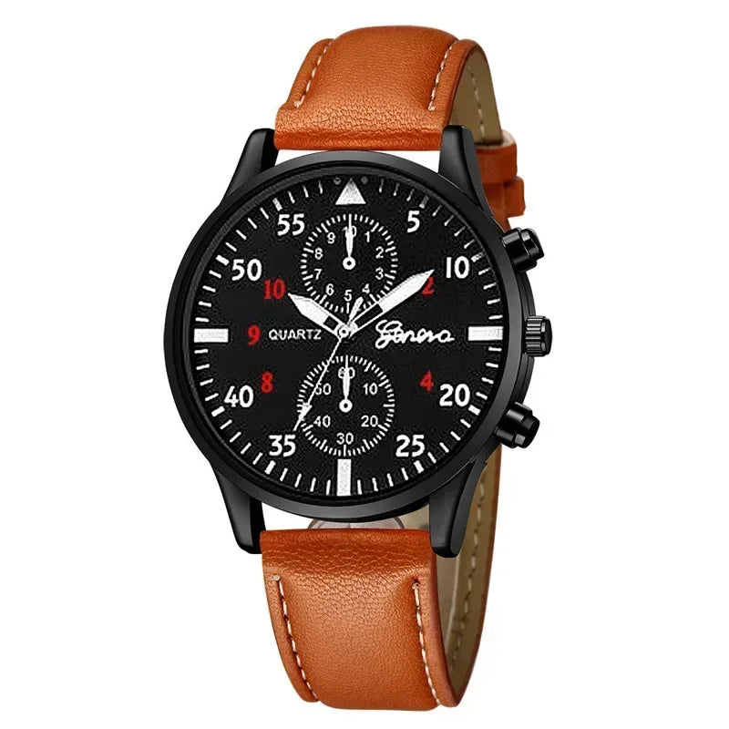 Watch Set – Quartz, Brown Leather Bracelet, Casual Style