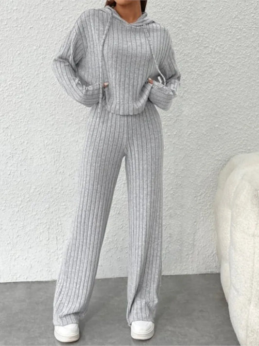 Casual Knit Hooded Sweatshirt & Pants Set