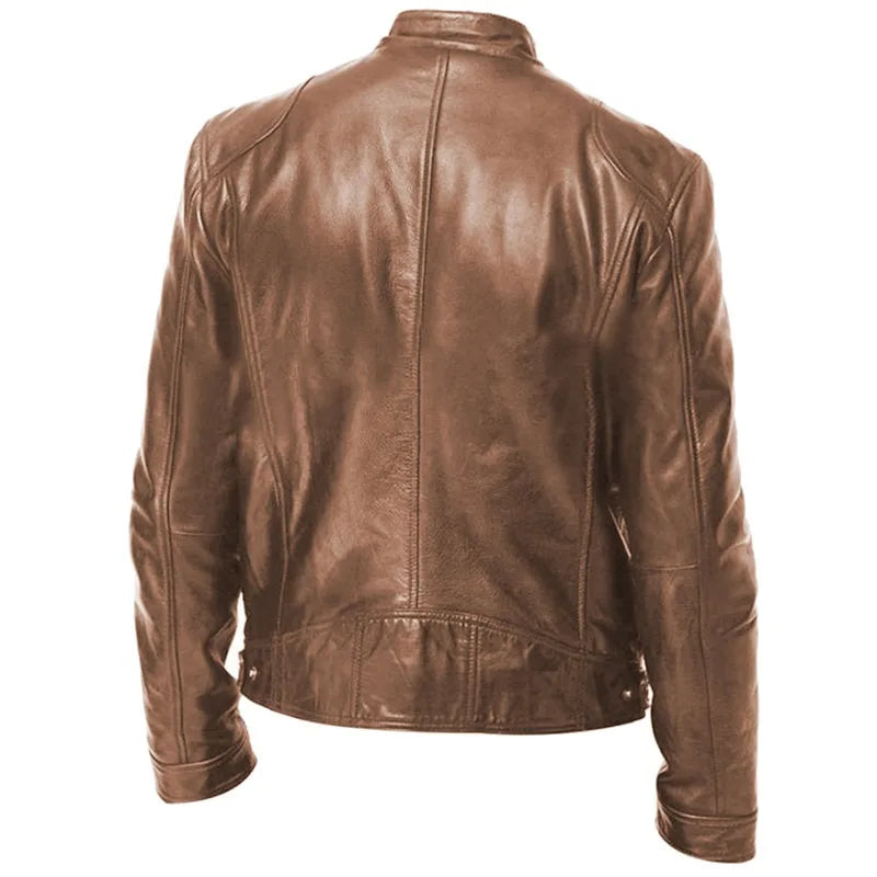 Mens Vintage Stand Up Collar Leather Jacket