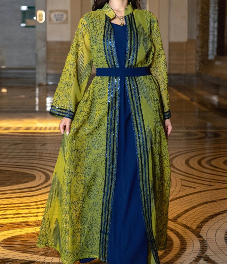 Long Sleeve Kuwaiti Party Gown With Belt