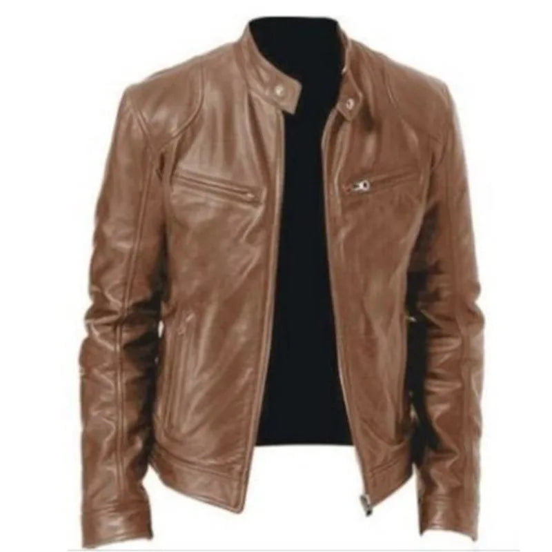 Mens Vintage Stand Up Collar Leather Jacket