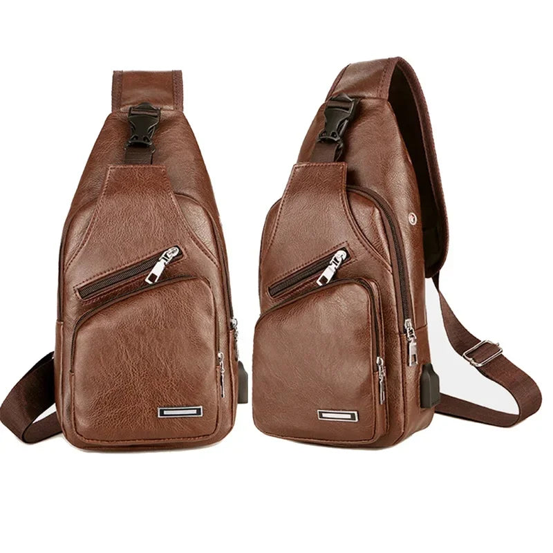 Men's Leather USB Cross-body Chest Bag - Designer Shoulder Bag for Travel