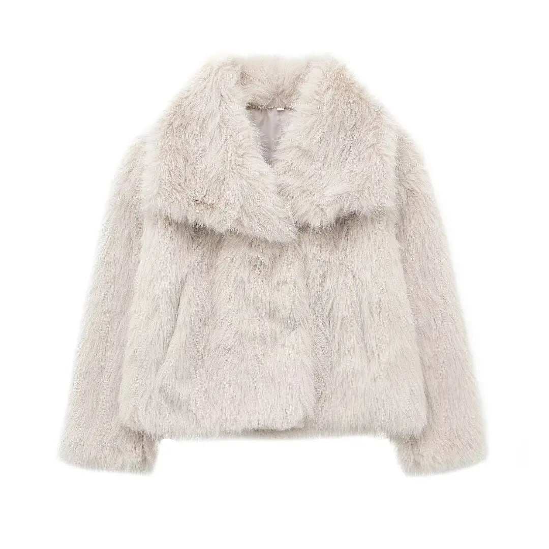 Women’s Cropped Faux Fur Jacket with Lapel Collar