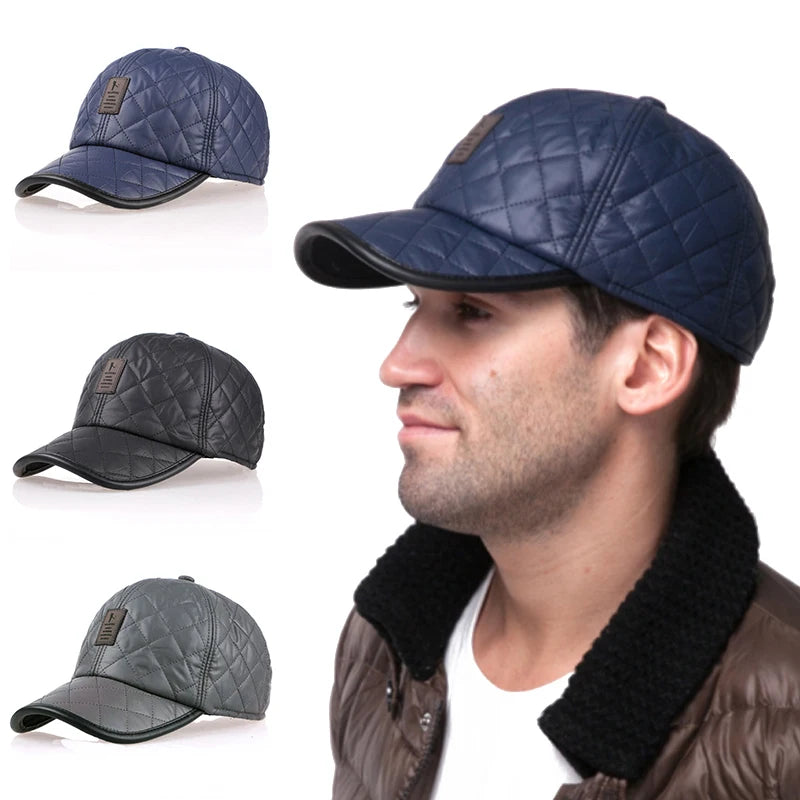 Winter Mens Leather Baseball Cap with Ear Protection