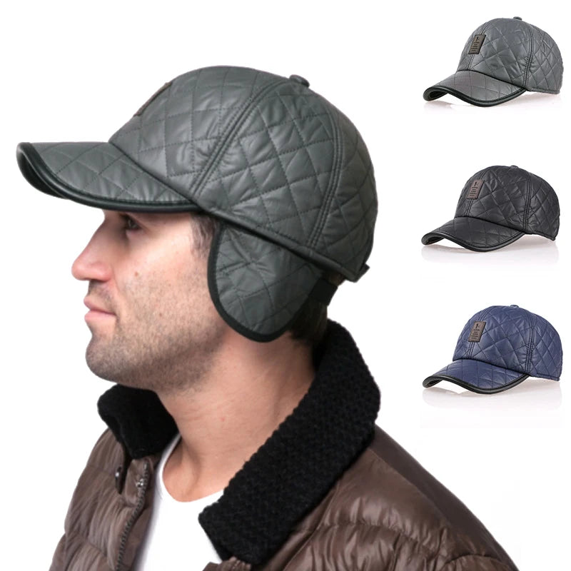 Winter Mens Leather Baseball Cap with Ear Protection