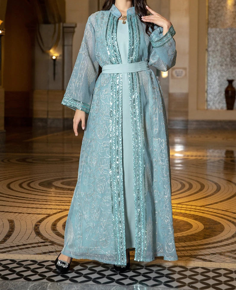 Long Sleeve Kuwaiti Party Gown With Belt