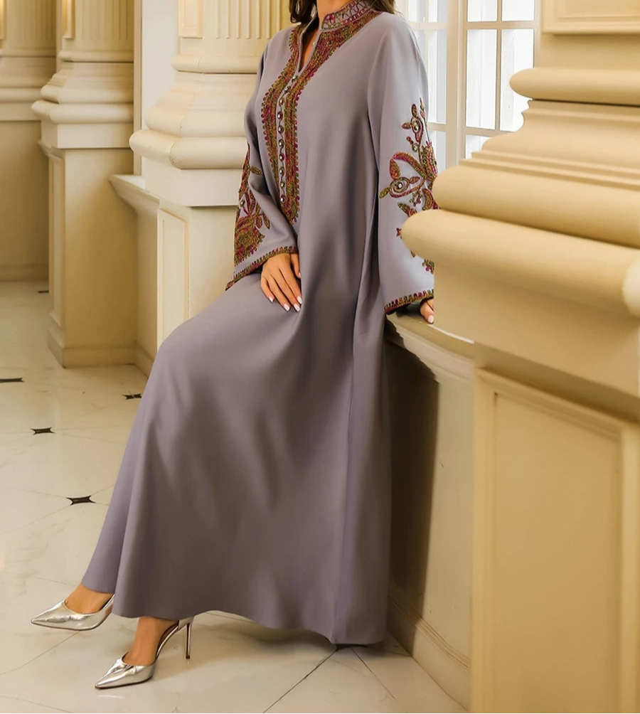 Womens Embroidered V-Neck Long Dress