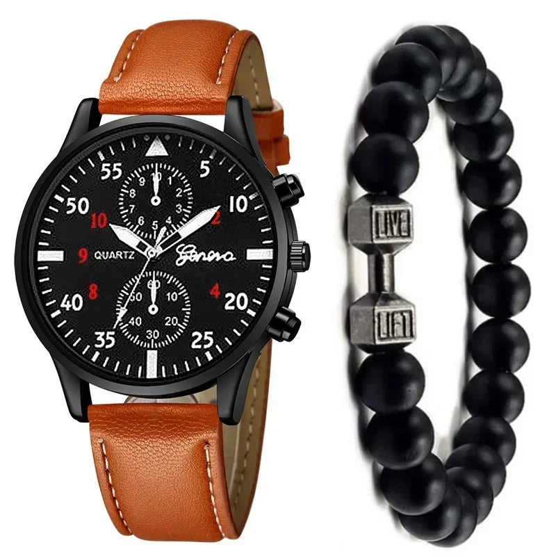 Watch Set – Quartz, Brown Leather Bracelet, Casual Style