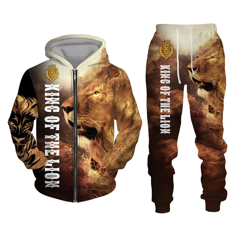 The Lion Print Zipper Hoodie Set