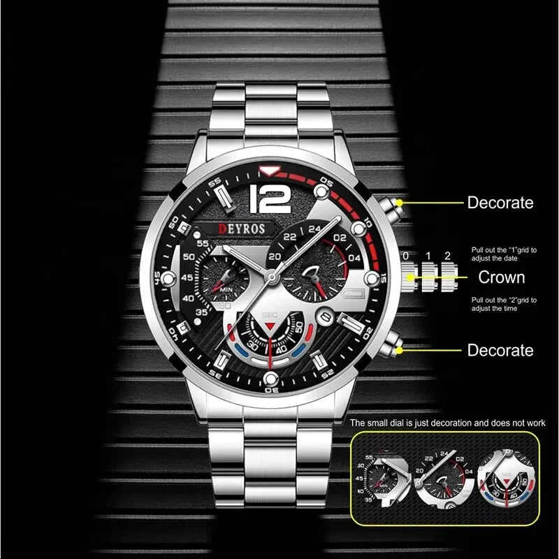 2 Piece Luxury Mens Silver Quartz Watch with Stainless Steel Bracelet