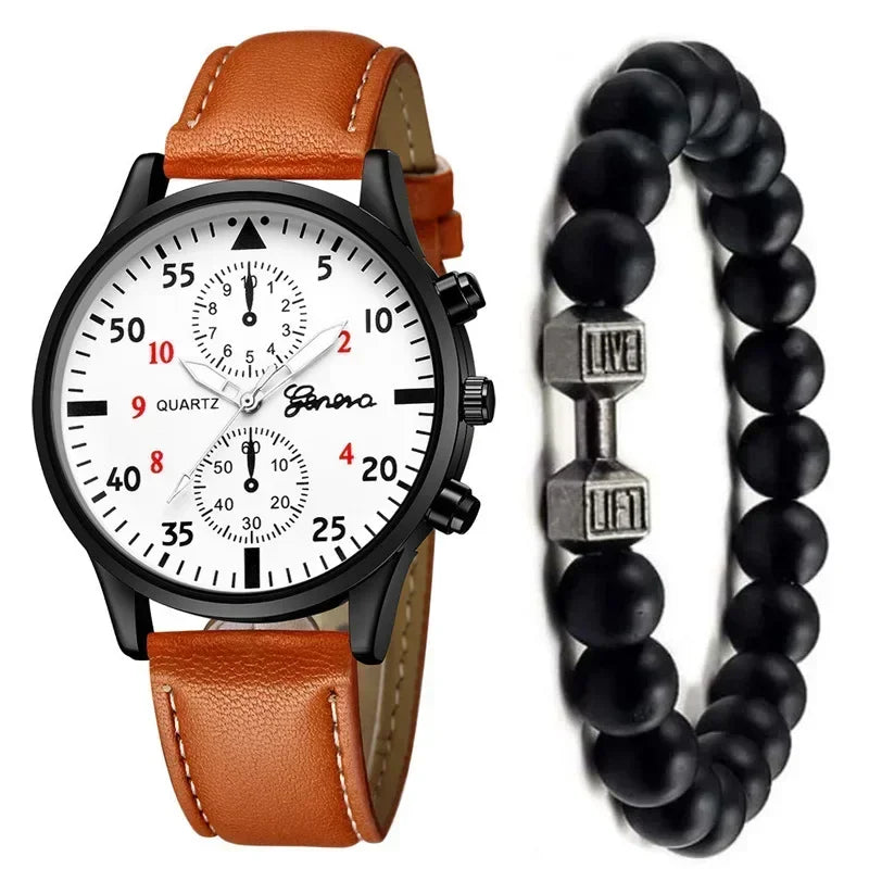 Watch Set – Quartz, Brown Leather Bracelet, Casual Style