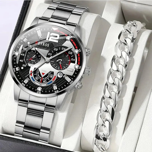 2 Piece Luxury Mens Silver Quartz Watch with Stainless Steel Bracelet