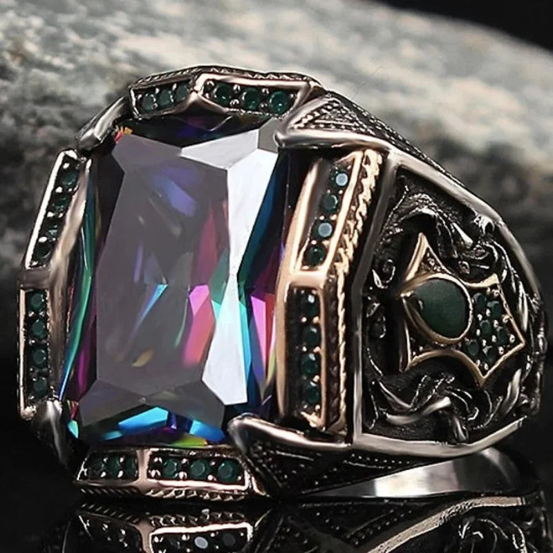 Retro Handmade Turkish Silver Signet Ring With Green Zircon