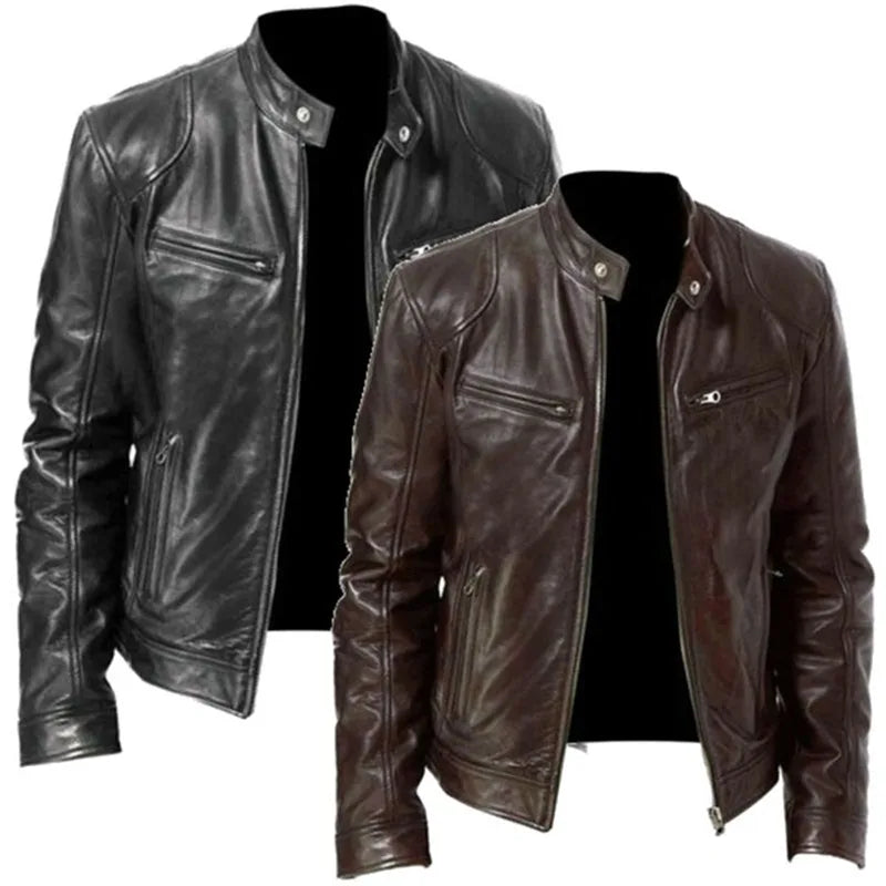 Mens Vintage Stand Up Collar Leather Jacket