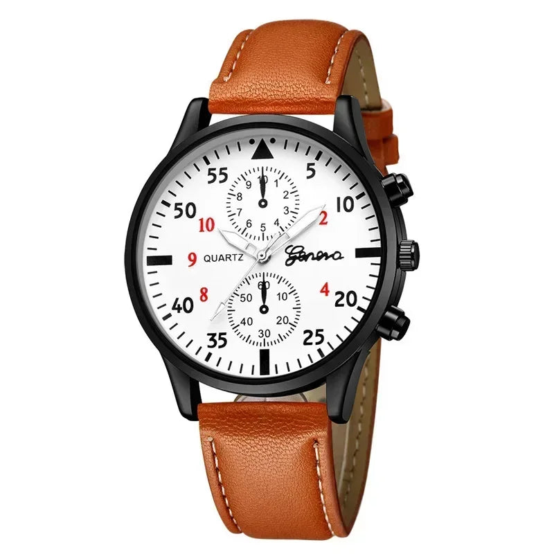 Watch Set – Quartz, Brown Leather Bracelet, Casual Style