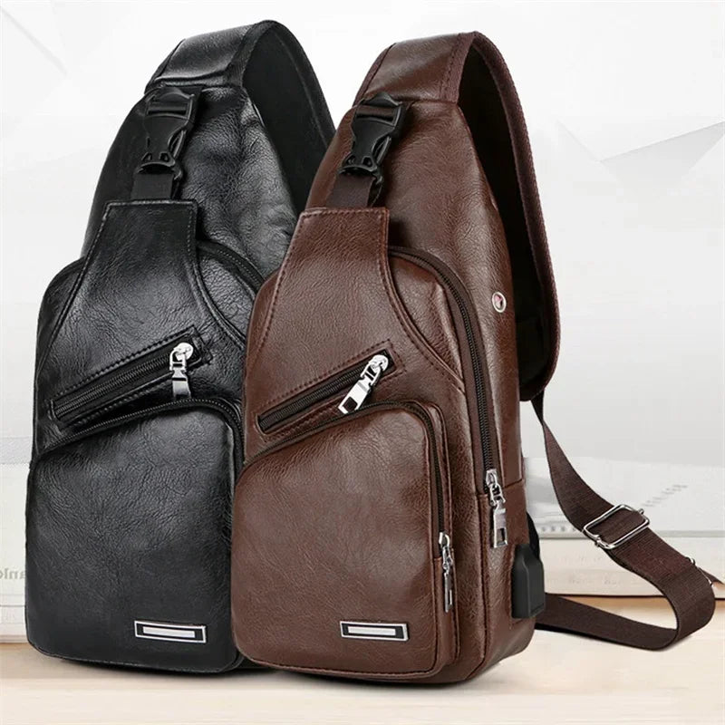 Men's Leather USB Cross-body Chest Bag - Designer Shoulder Bag for Travel