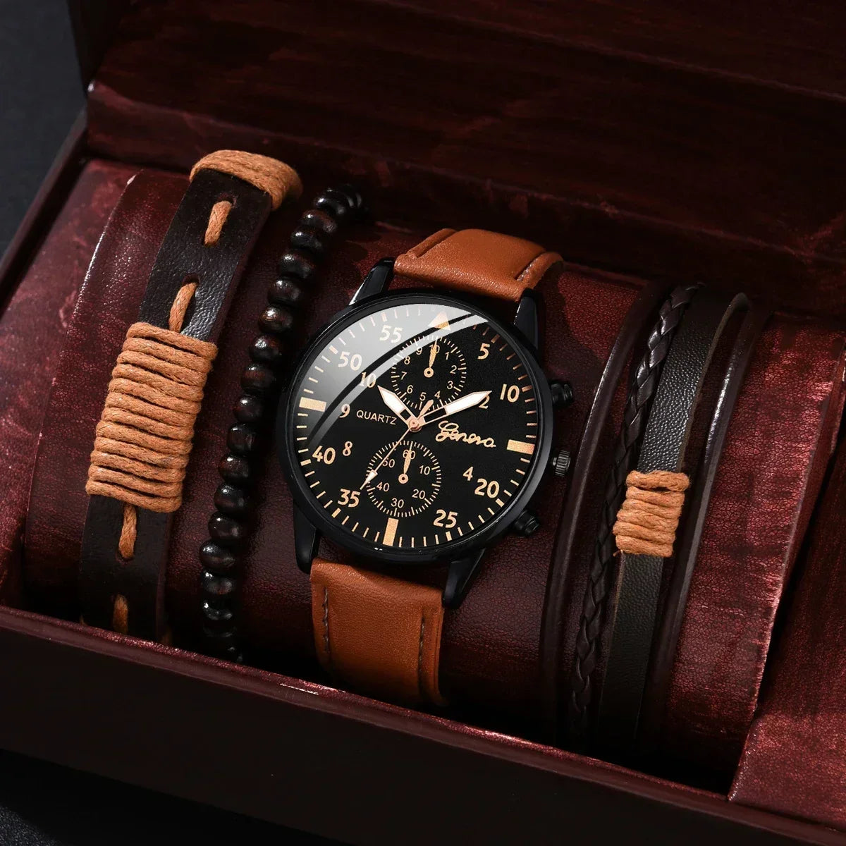 Watch Set – Quartz, Brown Leather Bracelet, Casual Style