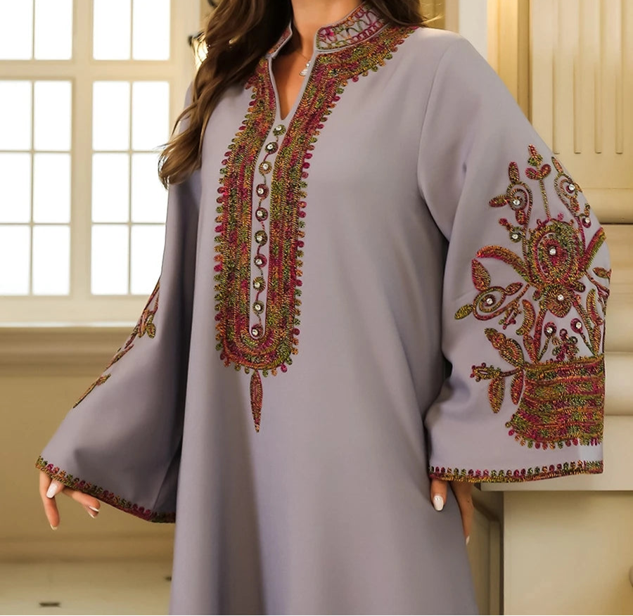 Womens Embroidered V-Neck Long Dress